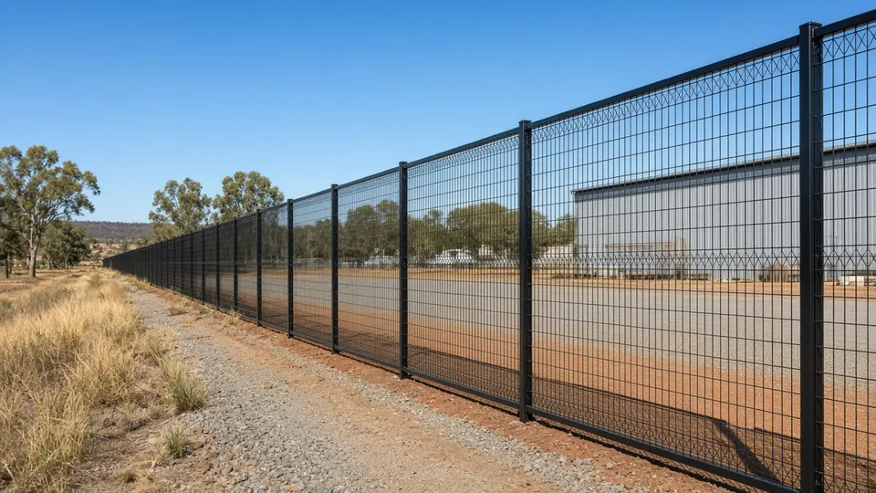 Illustrative image: a generic black steel welded-mesh security fence along an industrial yard boundary. Not a D & B project photo.