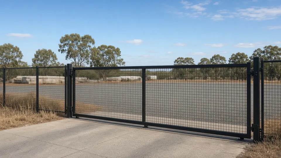 Illustrative image: a generic black steel mesh fence with a wide vehicle gate at a depot entrance. Not a D & B project photo.