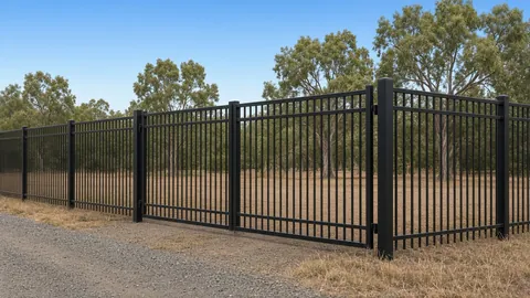 Illustrative image: a generic black steel double swing gate in a picket fence line. Not a D & B project photo.