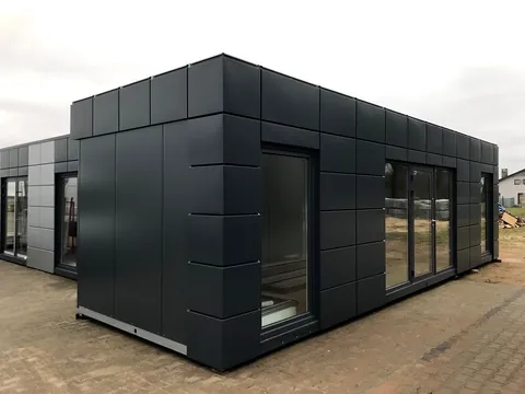Dark grey panel-clad modular office with large glazed doors, on a paved yard.